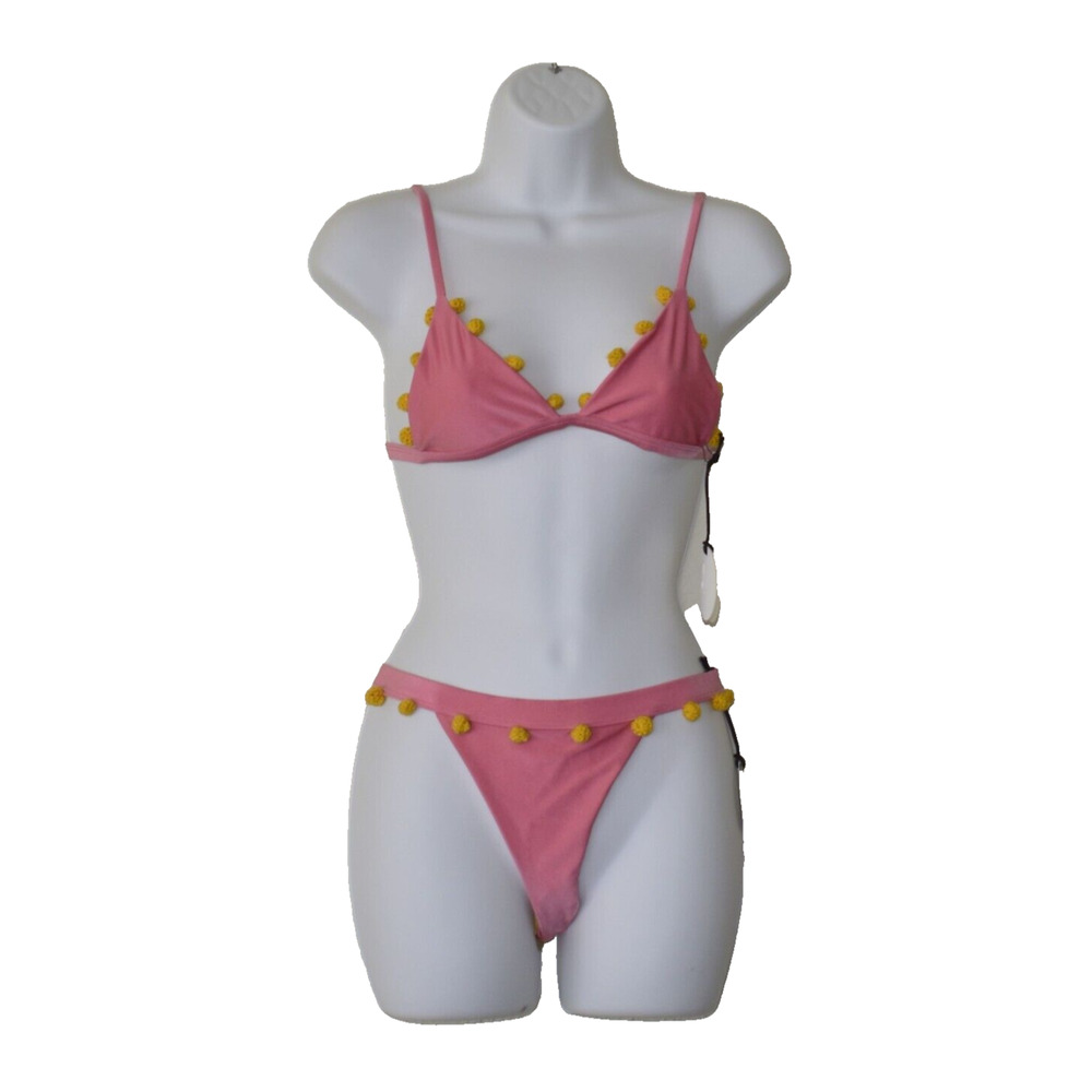 A5 NWT TULAROSA Pink W/Yellow Pom Pom Swimwear Bikini Bra - S & Bottom - XS Set